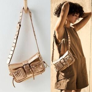 Free People Leather High Speed Crossbody Metallic Champagne Chunky Charm Bag NEW
